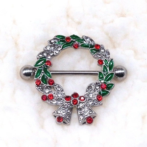 Silver Christmas wreath nipple ring with green enamel leaves and red rhinestones
