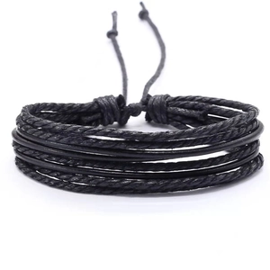 Men's stylish multilayer black leather woven bracelet with adjustable cord closure