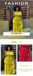 Details von gelben und roten schulterfreien Plissee-Maxikleidern aus Chiffon für den Strand