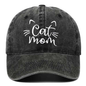 Vintage washed cotton baseball cap featuring white Cat Mom embroidery in charcoal black