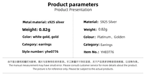 Detailed chart showing S925 silver four-leaf clover earring specs in gold and platinum