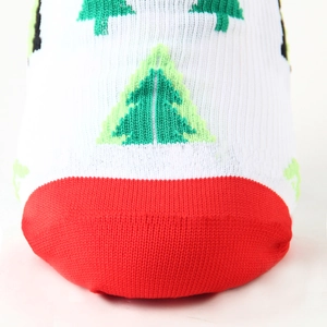 Detailed macro view of the knitted texture and Christmas tree pattern on holiday compression socks