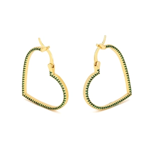 Elegant gold heart earrings with green zircon pave stones on a clean white background