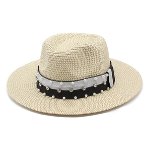 Elegant wide brim straw flat top hat with pearls and rhinestones for summer vacation