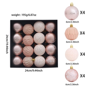 Detail of 16-piece Christmas ball set showing pink glitter, cracked texture and snowflake patterns