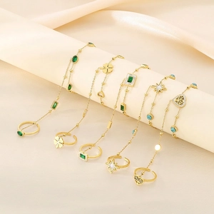 Stainless Steel 18K Gold Plated Hand Chain Open Ring Integrated Hand Harness Bohemian Heart Clover Jewelry For Women