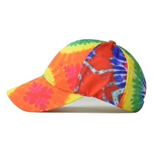 Side view of multi-color tie-dye cotton baseball cap with artistic rainbow pattern