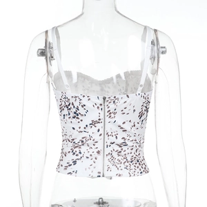 Detail of floral camisole back with adjustable white straps and silver metal zipper