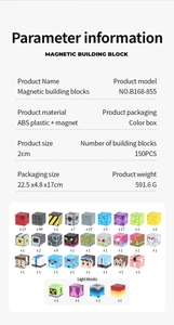 Detailed specification sheet for 150pcs magnetic pixel blocks with material and size data