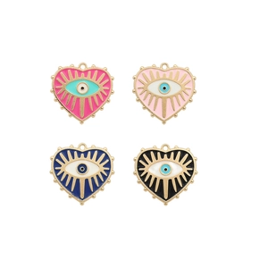Set of four gold-plated heart-shaped enamel charms with evil eye design in various colors