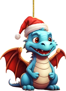 Vue détaillée du dragon de Noël bleu avec bonnet de Père Noël et ailes pour décoration