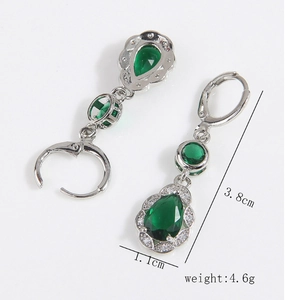 Detailed view of silver copper earrings with green zircon drops and size measurements