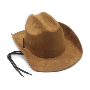 Detail of tan suede cowboy hat featuring adjustable black windproof cord and wide brim