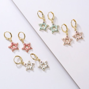 Star Pendant Hoop Earrings Bohemian 18K Gold Plated Copper Colorful Enamel Multi-Color Zircon Geometric Jewelry For Women