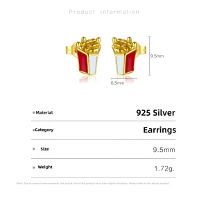 Detailed specs of 925 sterling silver French fries earrings measuring 9.5mm by 6.5mm