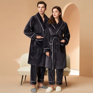 Flannel Robe And Pants Pajama Loungewear Thickened Winter Warm Shawl Collar Contrast Piping For Men Women Couples