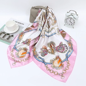 Elegant 90cm square satin scarf featuring pink border with carriage and chain prints