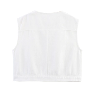 Detailed back view of a white denim sleeveless vest showing high-quality twill texture