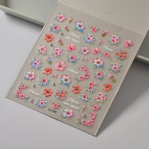 Stickers ongles 3D détaillés motif hibiscus avec effet laser brillant sur planche Co-305