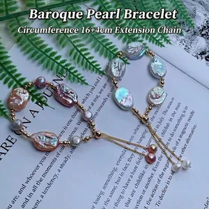 Bracciale di perle barocche viola con catena placcata in oro e estensione regolabile