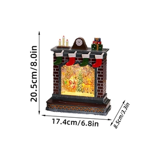 Christmas fireplace music box with glowing Santa snow globe, dimensions 20.5x17.4x8.5 cm