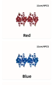 Detail of 11cm glitter candy cane ornaments with bows in red and blue colors, set of 4 pieces
