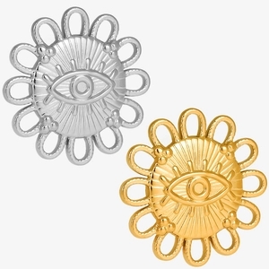 Detailed close-up of gold and silver sunflower evil eye pendants with hollow design