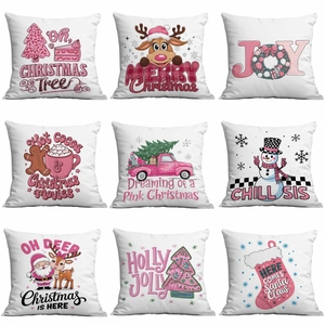 Christmas Cushion Cover Short Plush Square Decorative Pillowcase Pink Festive Holiday Decor For Home Sofa Living Room