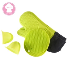 Green silicone kitchen heat resistant set including glove, pads and shark clips