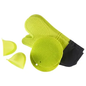 Green silicone kitchen heat resistant set including glove, pads and shark clips