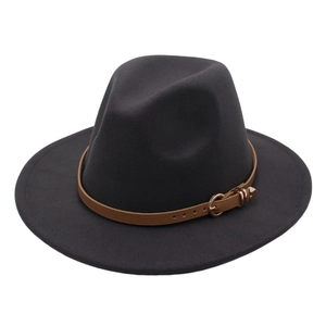 Classic dark grey wool felt fedora hat featuring a brown leather band and golden buckle