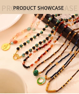 Bohemian natural stone beaded necklace set with gold-plated titanium steel charms.