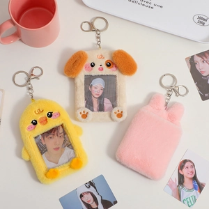 Plush cartoon animal card holders in dog, chick and bunny shapes with metal keychains
