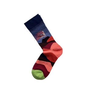 Artistic mid-calf cotton socks with colorful mountain landscape jacquard design
