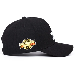 Black cotton baseball cap with white A letter embroidery and vintage side patch