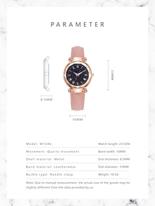 Detailed technical specifications and sizing of pink starry sky quartz lady watch