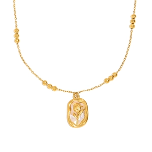 18K gold plated stainless steel sun pendant necklace with rose flower pearl inlay