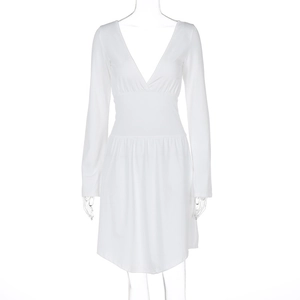 Front view of white long sleeve dress with deep V-neck and high waisted wide waistband