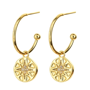 Detail view of 14K gold plated earrings with starburst engraving and clear rhinestones