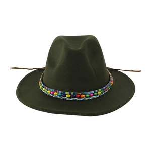 Detailed close-up of dark green wool felt fedora with colorful ethnic beads and woven band