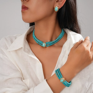 Bohemian Multi Layer Turquoise Beaded Necklace Bracelet And Earrings With Silver Earring Post Alloy Oval Stone Jewelry
