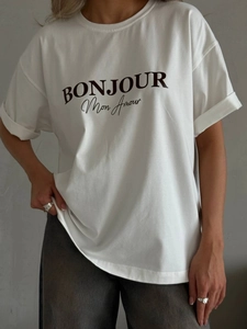 T-Shirt Femme Pur Coton Ample Imprimé Lettres Casual Manches Courtes Col Rond Streetwear Haut Été