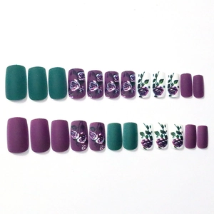 24pcs matte dark purple and green press-on nails featuring elegant rose floral designs