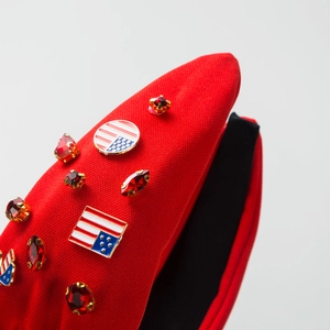 Knotted American flag headband with sparkling red rhinestones and enamel star charms