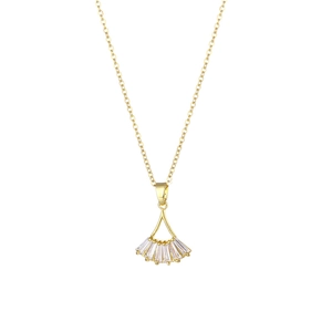 Elegant gold fan pendant necklace with zircon stones on a stainless steel chain