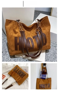 Brown large capacity tote bag featuring bold HOOTO lettering and gold chain straps