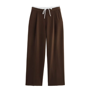 Fashionable dark brown wide-leg trousers with white elastic drawstring waist for women
