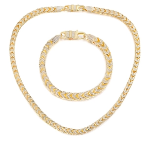 Iced out 6mm zircon necklace and bracelet set with gold V-shaped links and lobster clasp