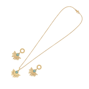 Bohemian gold stainless steel jewelry set featuring turquoise sunburst heart pendants