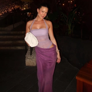 Elegant purple halter top and high slit satin maxi dress for chic evening summer vacation